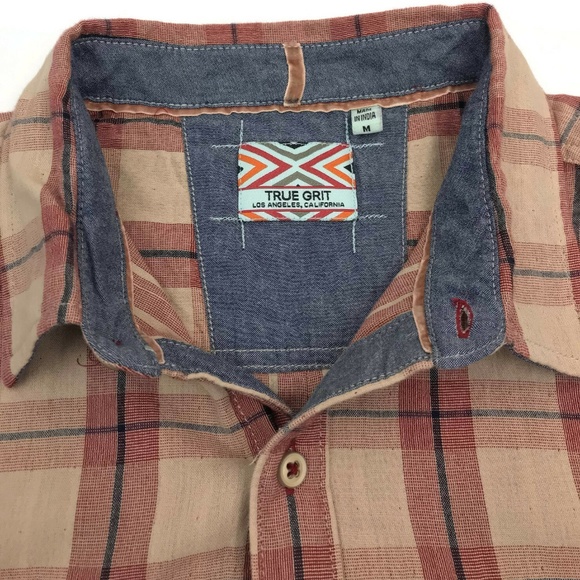 True Grit Pink Tan Plaid Button Down Shirt Size M - Picture 7 of 7